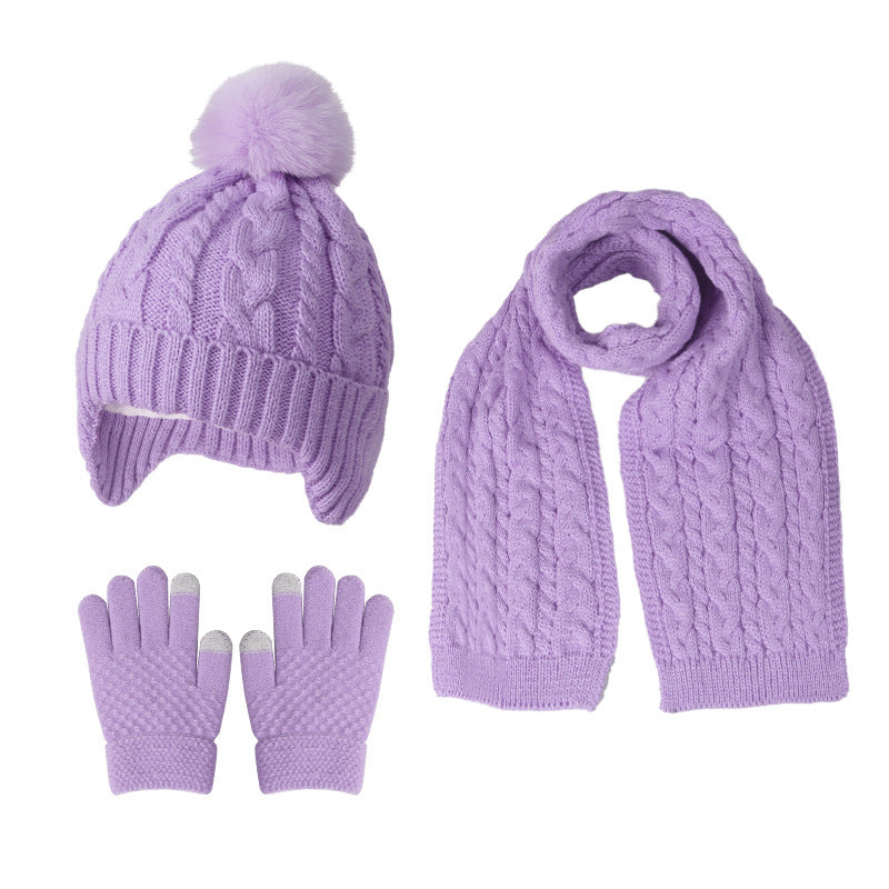 A children's hats, scarves and gloves three-piece set wool inside