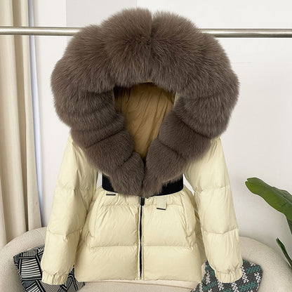 A fur collar hooded white duck down jacket