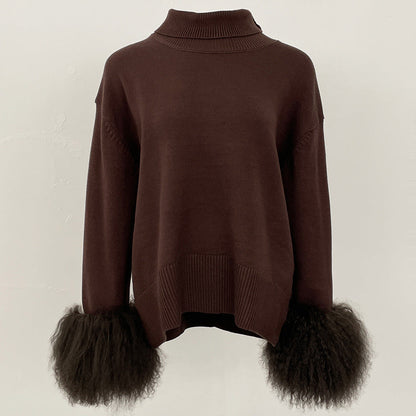A popular thickened knitted sweater autumn and winter new loose high-necked real fox cuff sweater women