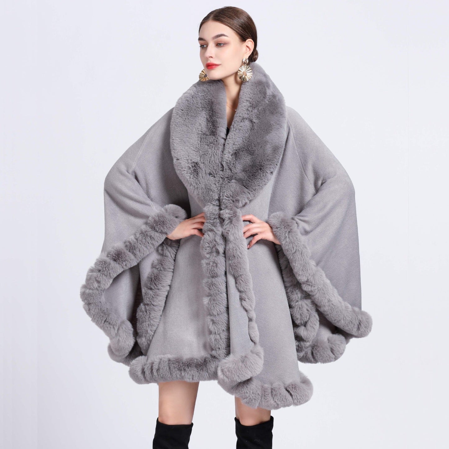 A European and American autumn and winter new imitation Rex rabbit fur collar cape large size knitted cardigan loose coat women