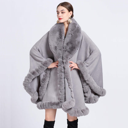 A European and American autumn and winter new imitation Rex rabbit fur collar cape large size knitted cardigan loose coat women