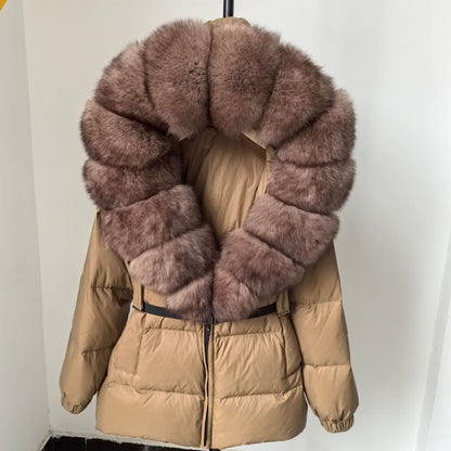 A fur collar hooded white duck down jacket