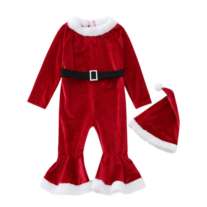 A Christmas children's long-sleeved plush one-piece hat set