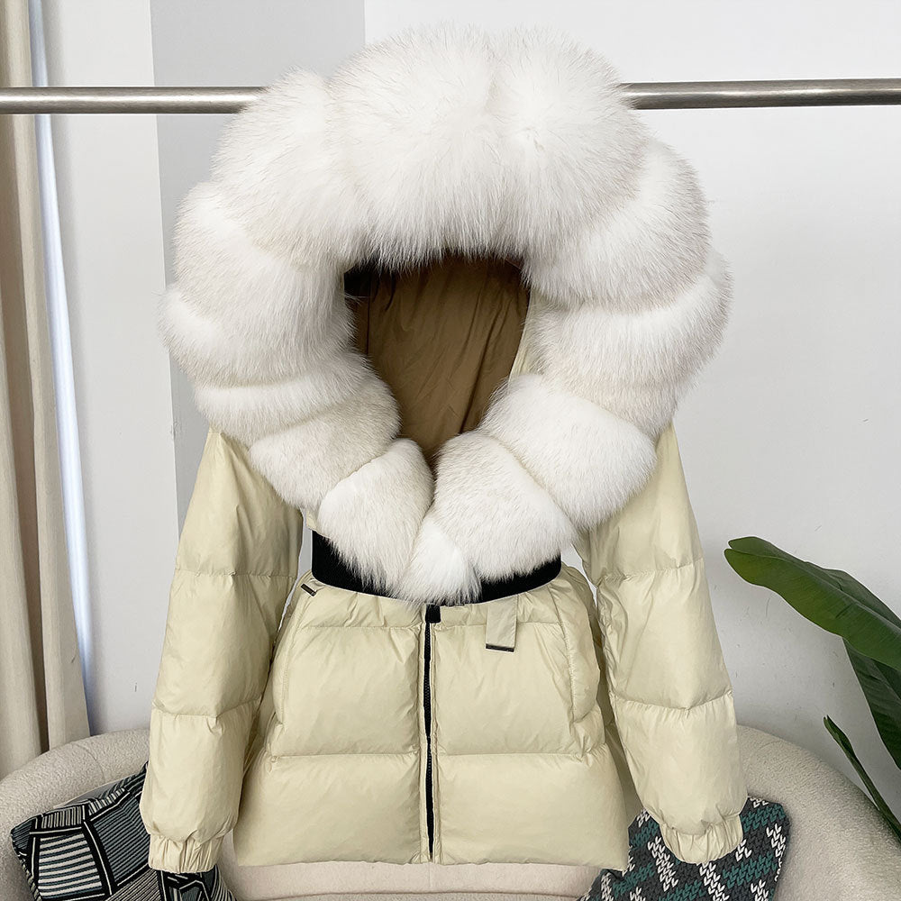 A fur collar hooded white duck down jacket
