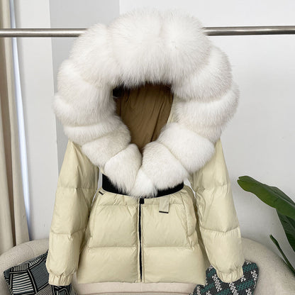 A fur collar hooded white duck down jacket