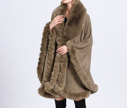 A Rabbit fur large lapel handmade wool cross-border European and American knitted imitation cashmere cardigan large size shawl cape