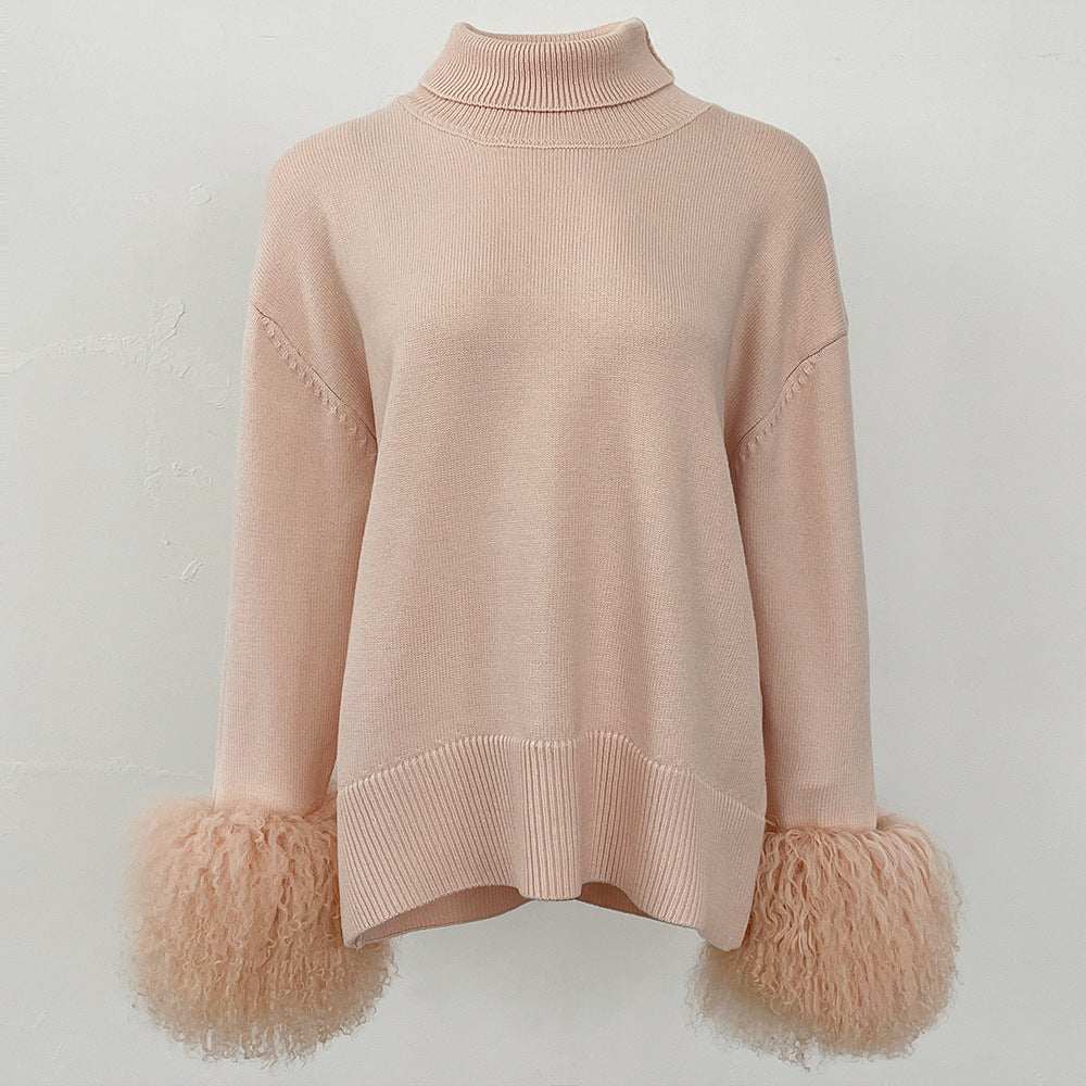 A popular thickened knitted sweater autumn and winter new loose high-necked real fox cuff sweater women