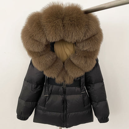 A fur collar hooded white duck down jacket