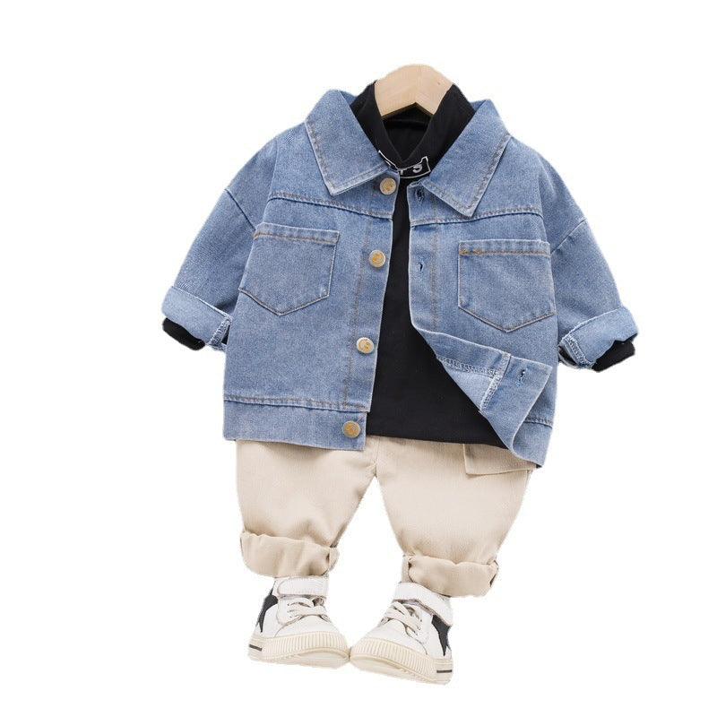 A children's clothing autumn new boys and girls denim jacket three-piece cotton T blood trousers set