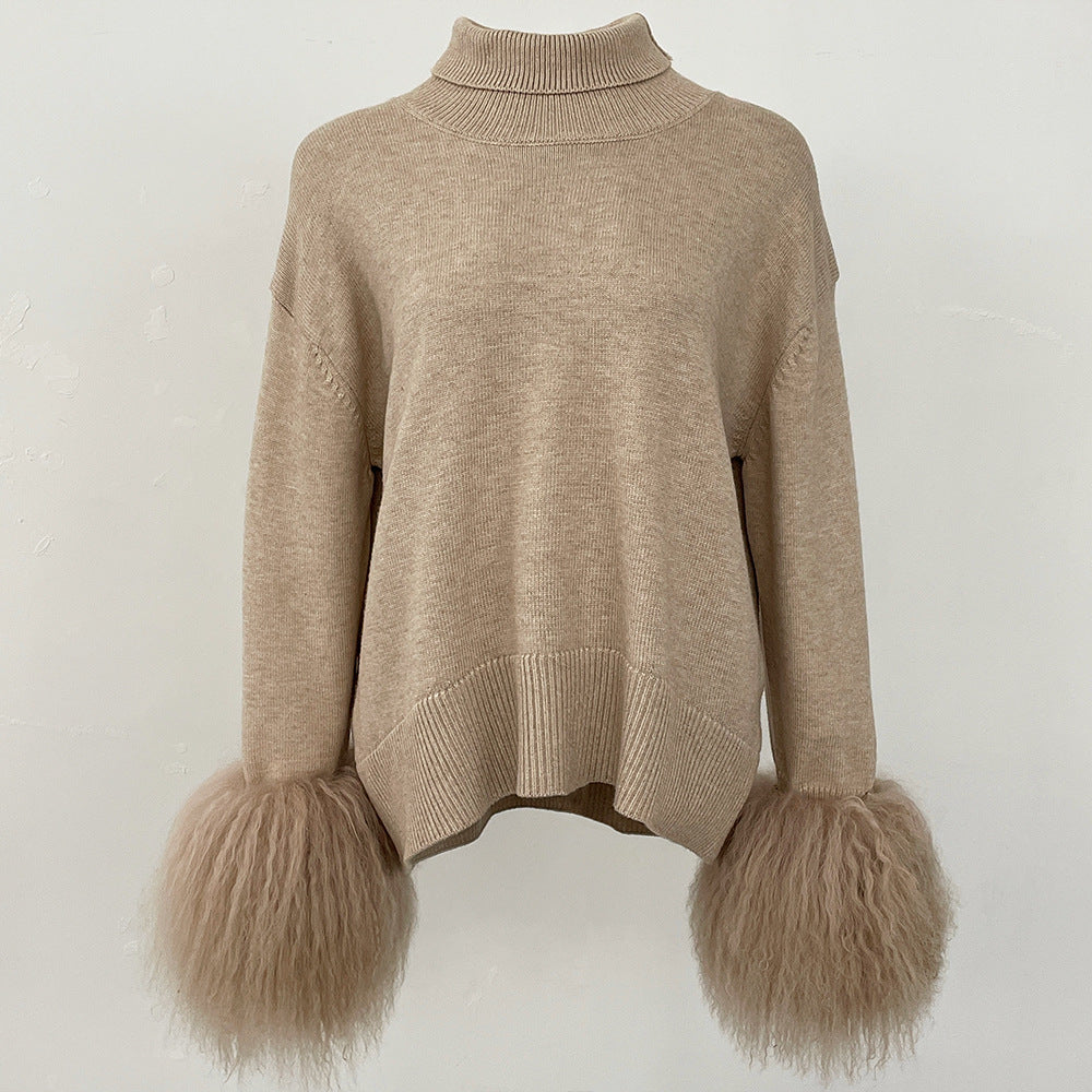 A popular thickened knitted sweater autumn and winter new loose high-necked real fox cuff sweater women