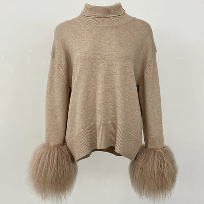 A popular thickened knitted sweater autumn and winter new loose high-necked real fox cuff sweater women