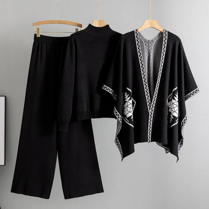 A knitted sweater shawl cape jacket three-piece set