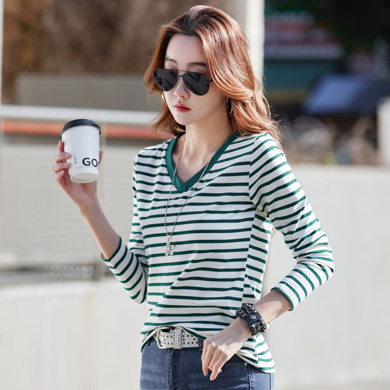 B2-m22 Loose and good quality women V-neck striped T- shirt - Mixbatch