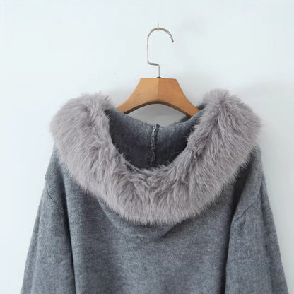 A Fake fur collar hooded long-sleeved zip-up cardigan knitted sweater jacket