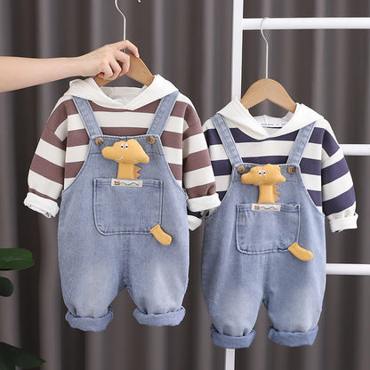 A Boys Striped Hoodie Long Sleeve Top Children's Suit Medium Children's Casual Pants Versatile Denim Overalls Autumn Children's Clothing
