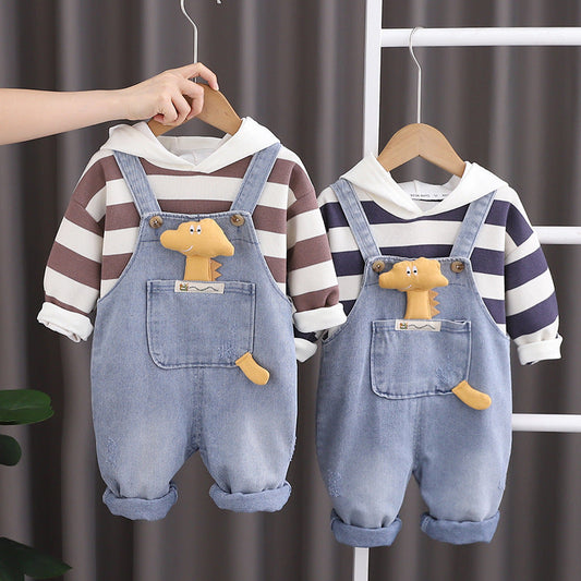 A Boys Striped Hoodie Long Sleeve Top Children's Suit Medium Children's Casual Pants Versatile Denim Overalls Autumn Children's Clothing