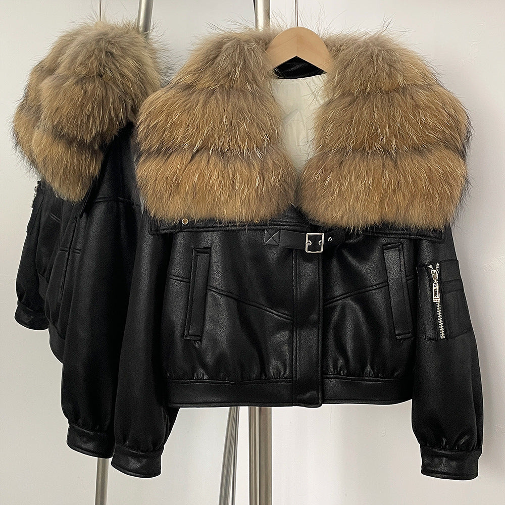 A winter new short real fox fur collar suede fur jacket female Korean version fur integrated down liner
