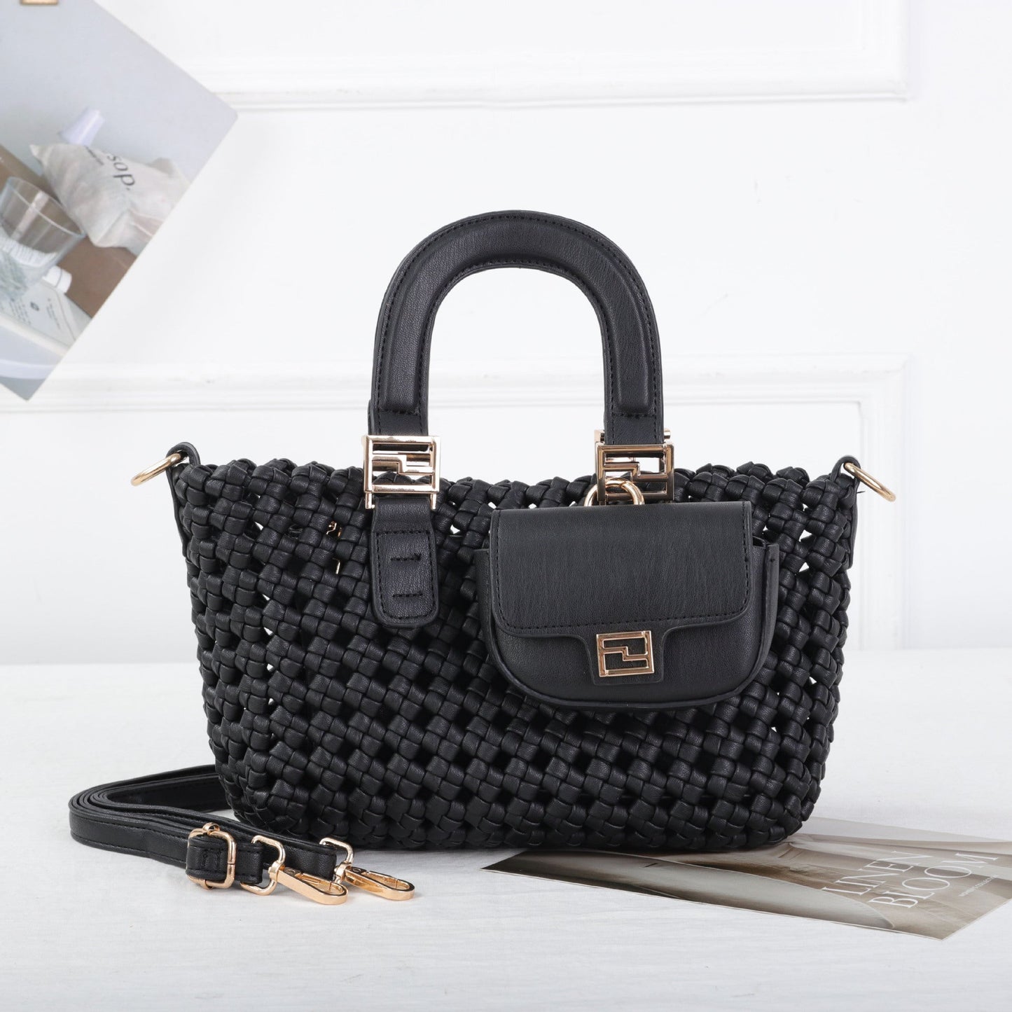 A woven handbag