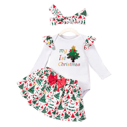 A Christmas children's long-sleeved skirt three-piece set