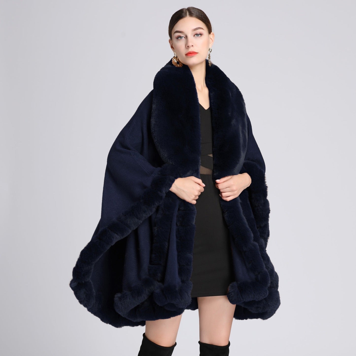 A European and American autumn and winter new imitation Rex rabbit fur collar cape large size knitted cardigan loose coat women