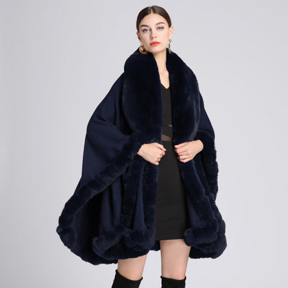 A European and American autumn and winter new imitation Rex rabbit fur collar cape large size knitted cardigan loose coat women