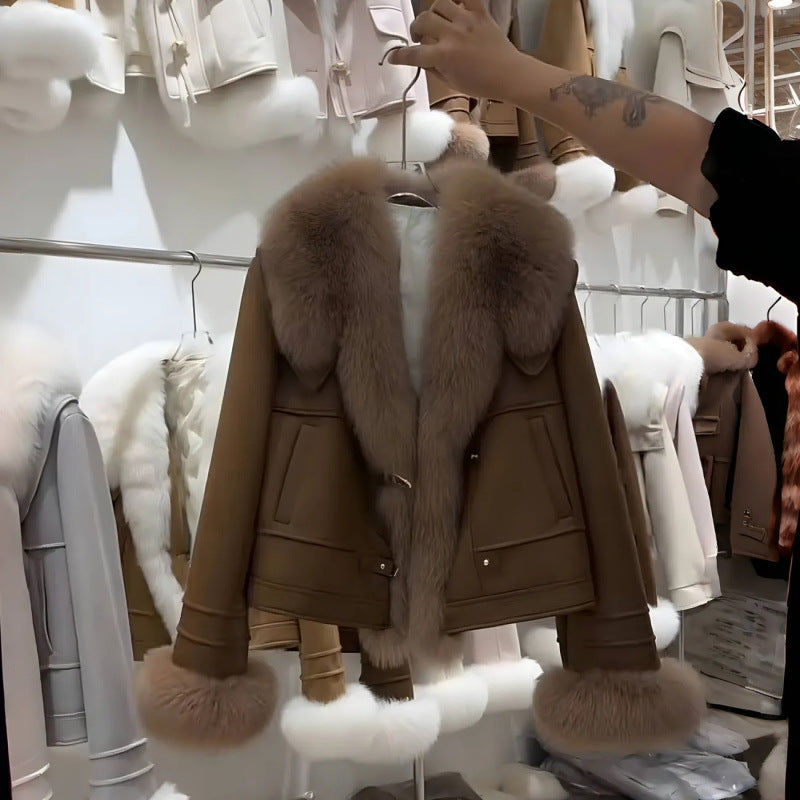 A fur-collared suede jacket