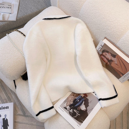 A new French small fragrant sweater jacket in autumn and winter, loose and lazy temperament, imitation mink long-sleeved knitted cardigan top