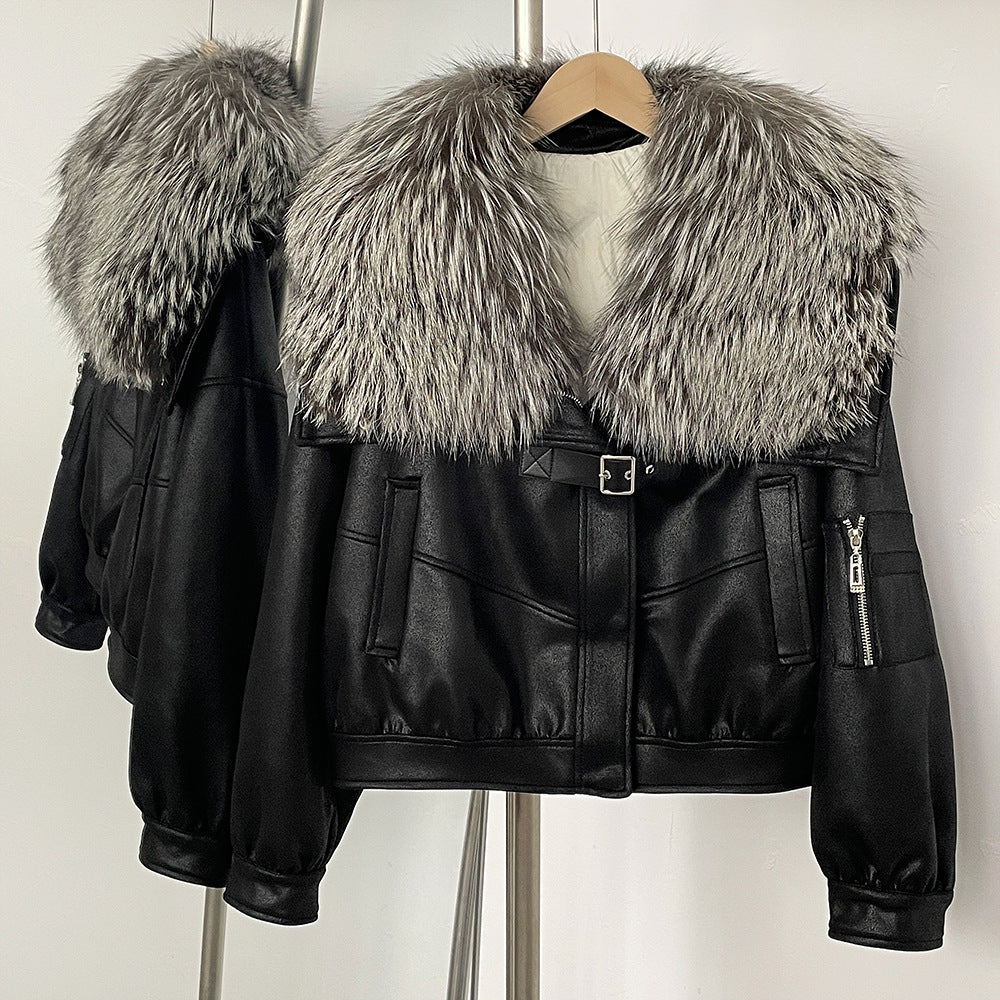 A winter new short real fox fur collar suede fur jacket female Korean version fur integrated down liner