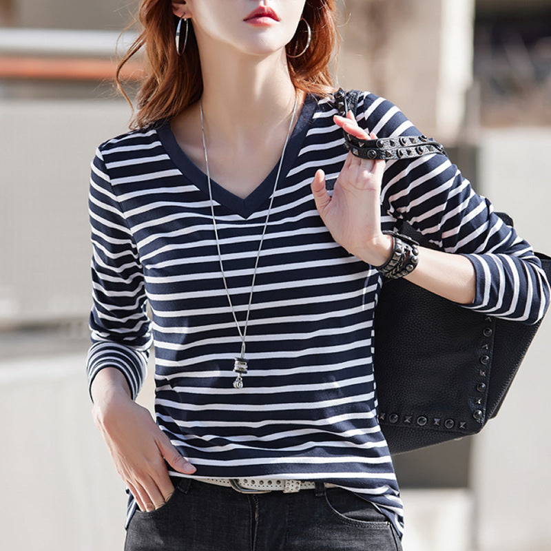 B2-m22 Loose and good quality women V-neck striped T- shirt - Mixbatch