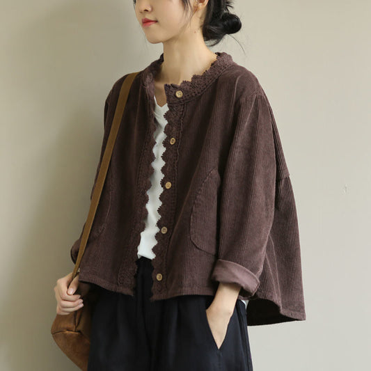 B2-m21 spring new solid color corduroy lace versatile short coat - Mixbatch