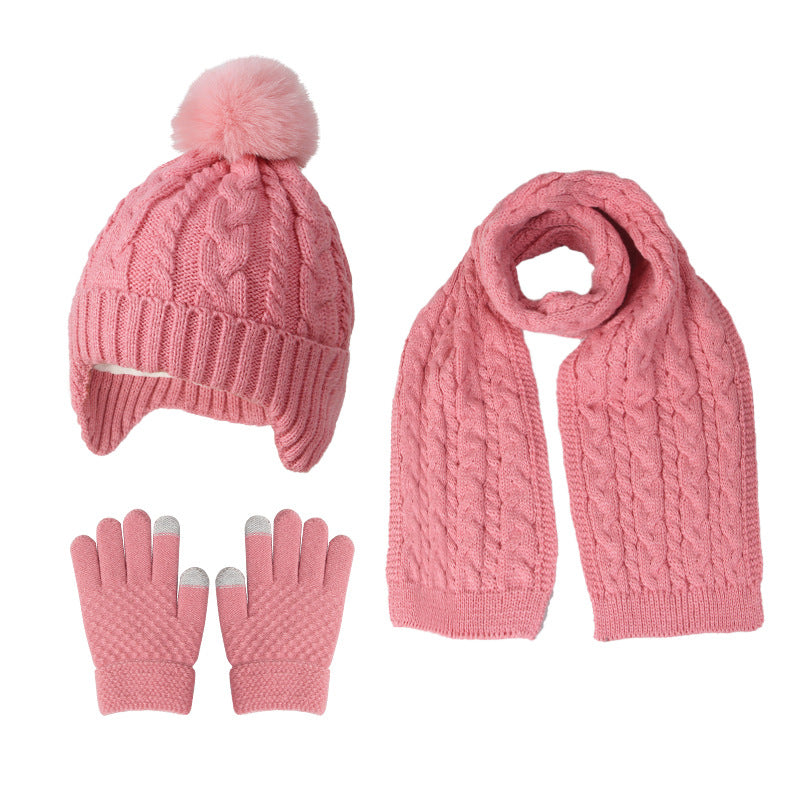 A children's hats, scarves and gloves three-piece set wool inside