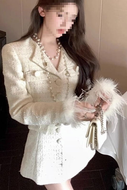 A Xiaoxiangfeng woven blazer women's autumn feeling new slim-fitting medium and long fluffy splicing top