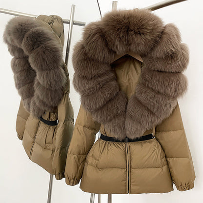 A fur collar hooded white duck down jacket