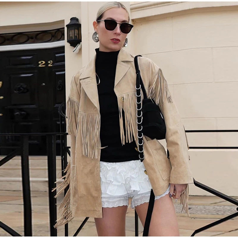 A women's jacket with fringed long sleeves