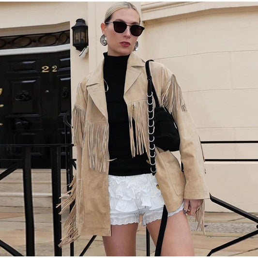 A women's jacket with fringed long sleeves