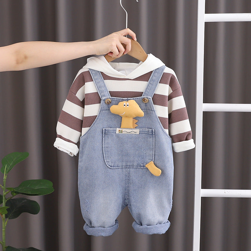A Boys Striped Hoodie Long Sleeve Top Children's Suit Medium Children's Casual Pants Versatile Denim Overalls Autumn Children's Clothing