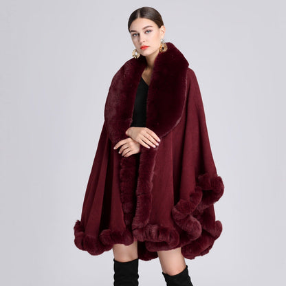 A European and American autumn and winter new imitation Rex rabbit fur collar cape large size knitted cardigan loose coat women
