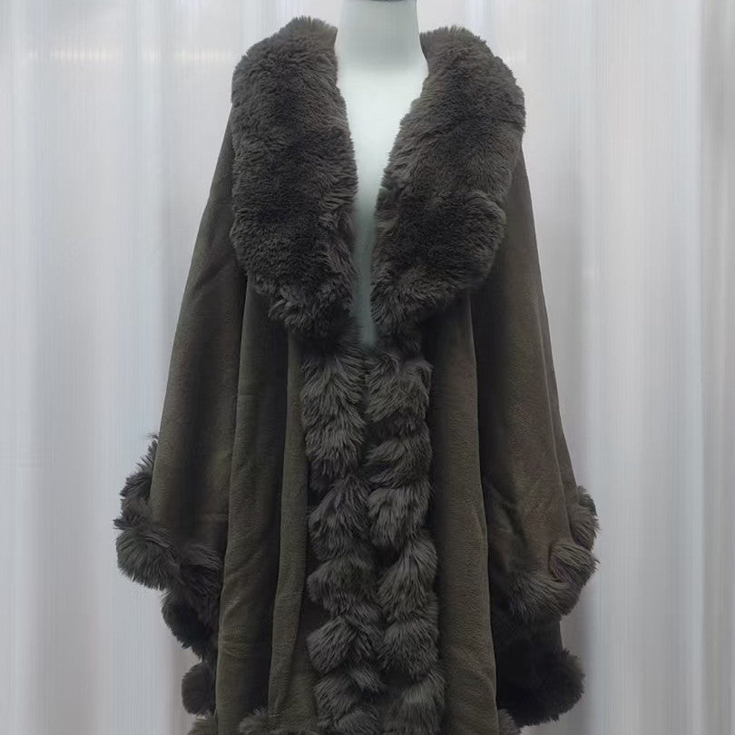 A Rabbit fur large lapel handmade wool cross-border European and American knitted imitation cashmere cardigan large size shawl cape