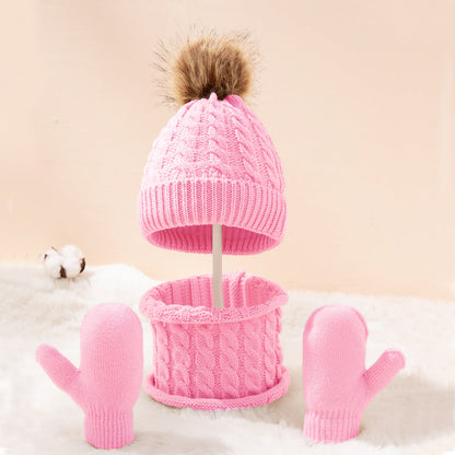 A new wool monochrome twist warm children's hat scarf gloves two or three-piece set