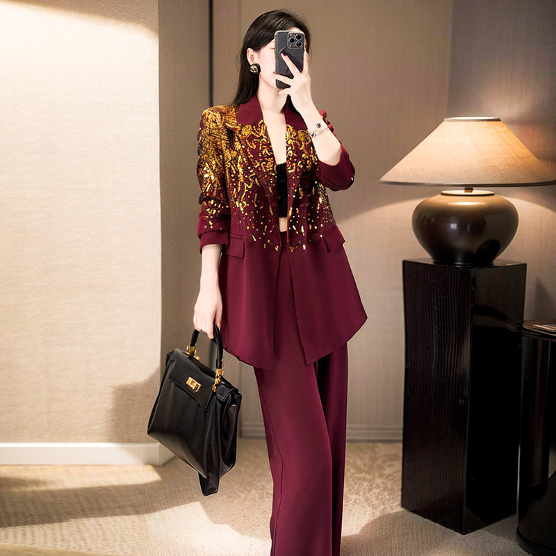 A autumn women's clothing commuting light wear, slightly fat and thin Angola red sequined suit wide-leg pants two-piece suit