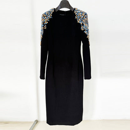A Heavy Industry Bead Diamond Long Sleeve Medium and Long Dress