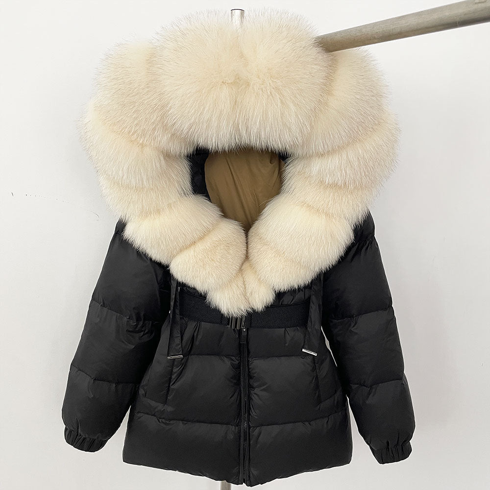 A fur collar hooded white duck down jacket