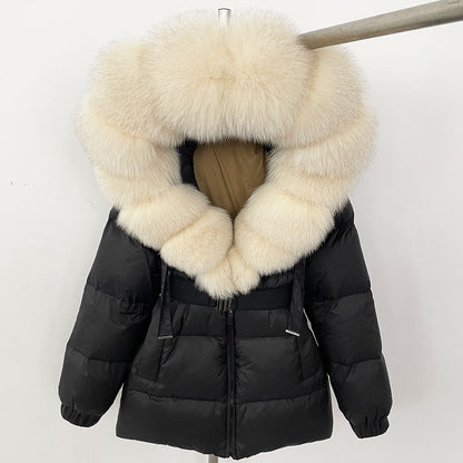 A fur collar hooded white duck down jacket