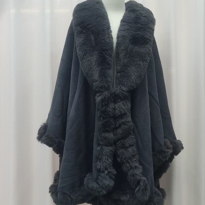A Rabbit fur large lapel handmade wool cross-border European and American knitted imitation cashmere cardigan large size shawl cape