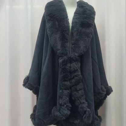 A Rabbit fur large lapel handmade wool cross-border European and American knitted imitation cashmere cardigan large size shawl cape