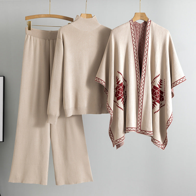 A knitted sweater shawl cape jacket three-piece set