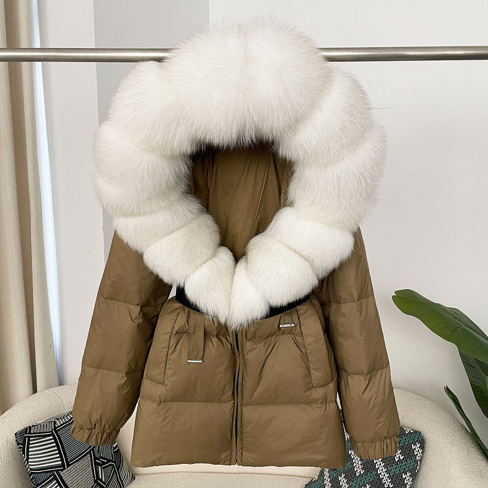 A fur collar hooded white duck down jacket