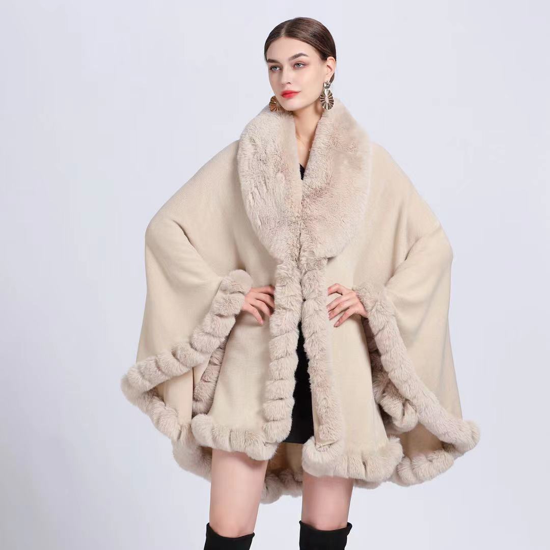 A European and American autumn and winter new imitation Rex rabbit fur collar cape large size knitted cardigan loose coat women