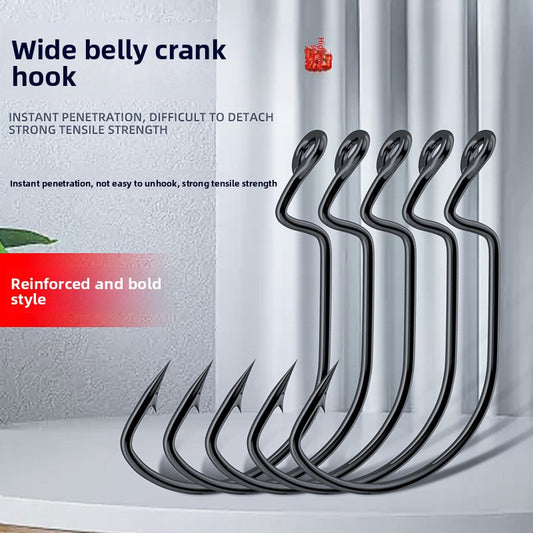 A wide belly crank hook reinforced soft bait hook