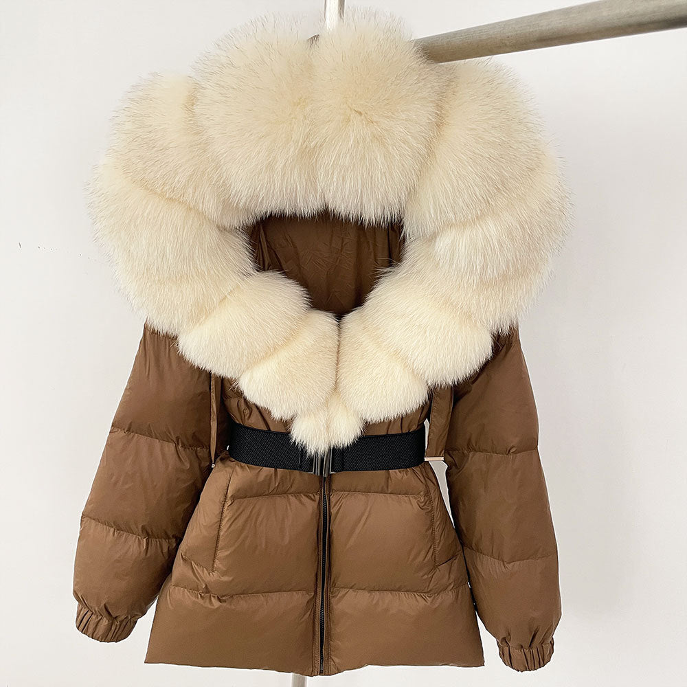 A fur collar hooded white duck down jacket